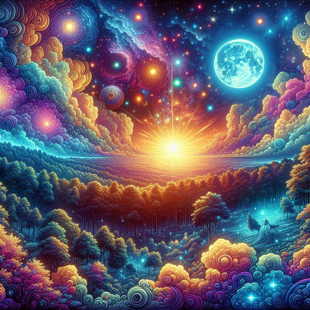 Cosmic Sunrise Over Forest in Indigenous Art Style