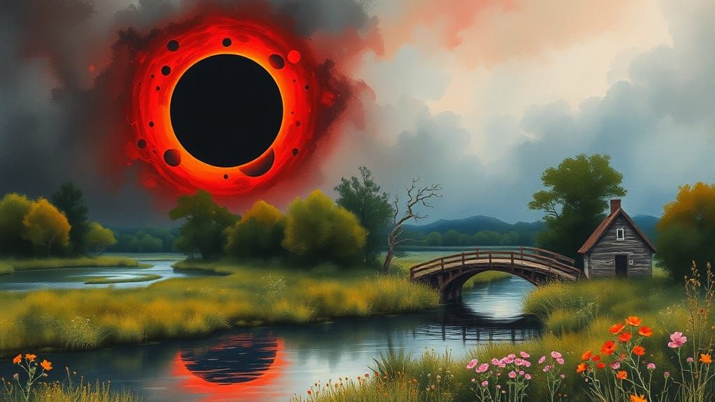 Eclipse Over Swamp: Vibrant Watercolor Print Art