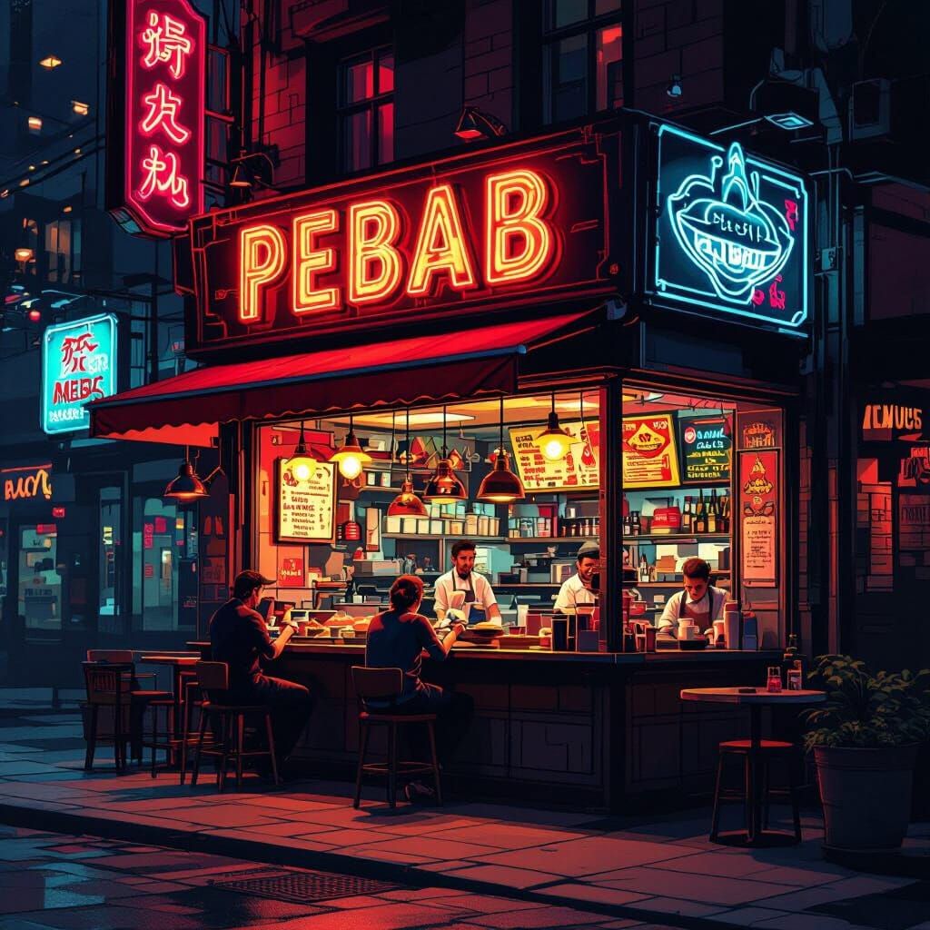 Futuristic Kebab Shop 'Pebab' in Neon Cityscape