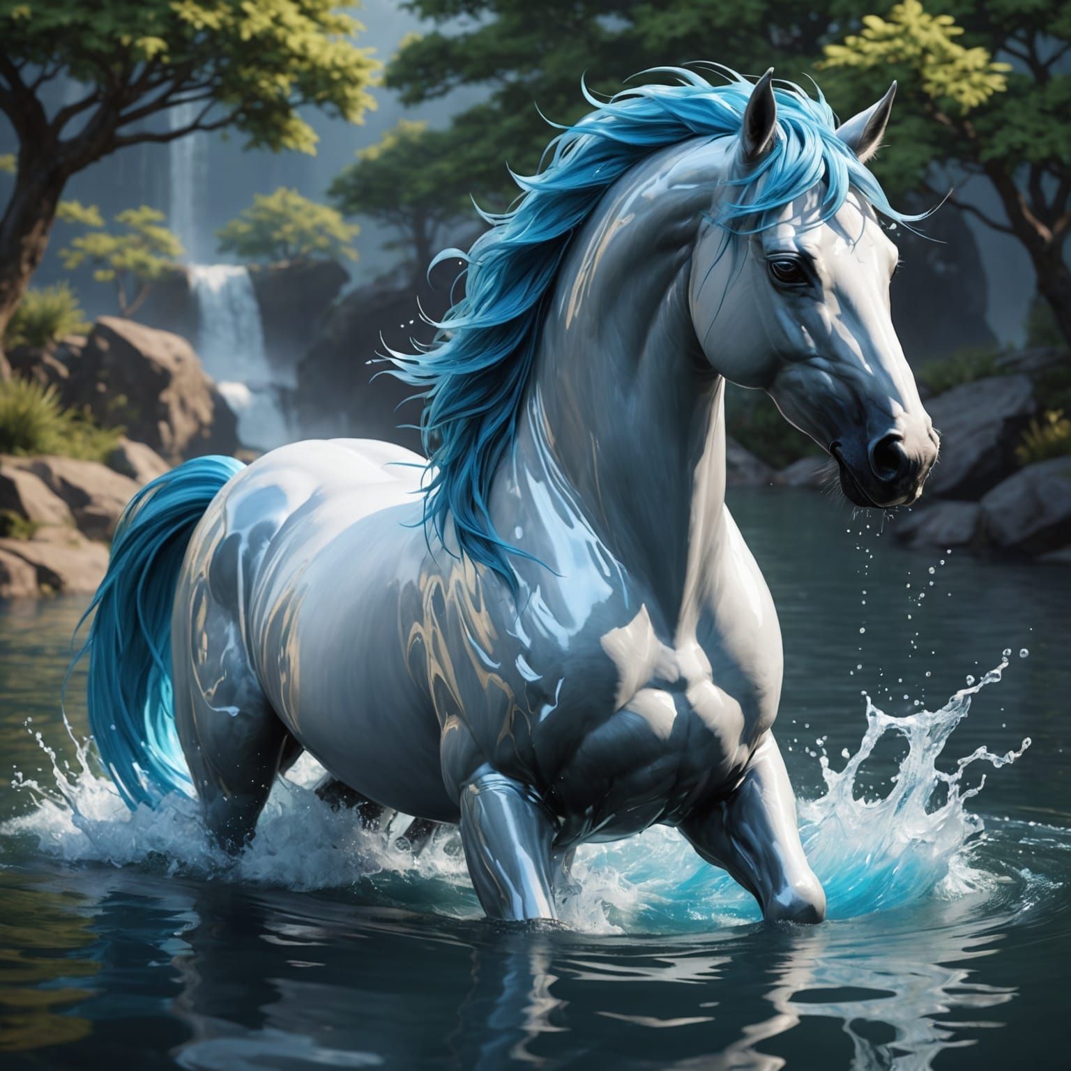 Majestic Water Stallion in Anime Style