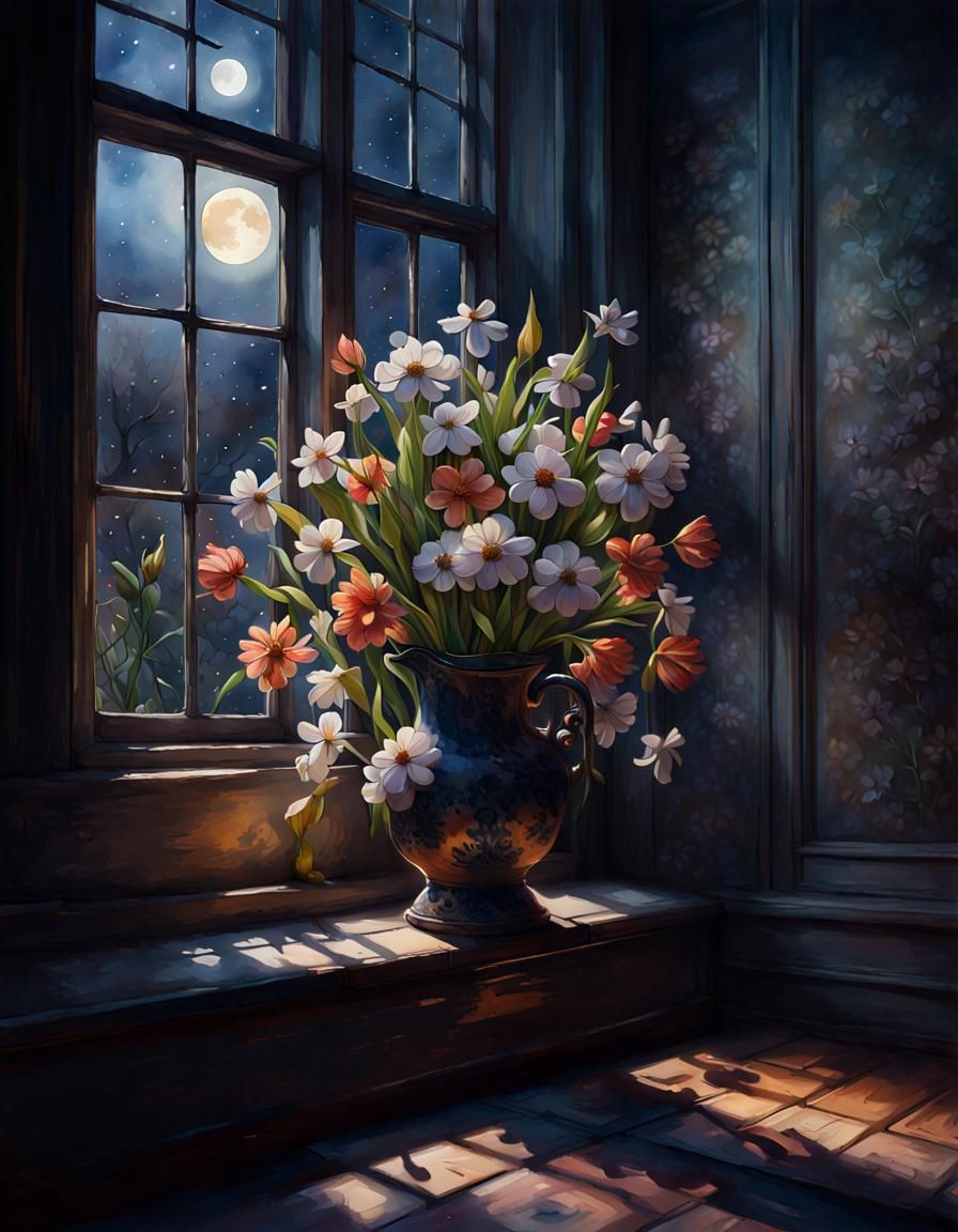 Watercolor Spring Flowers in Moonlight, 8K