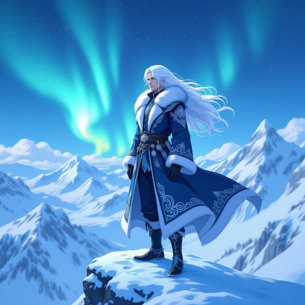 Anime Character on Snowy Peak, Ethereal Fantasy Art