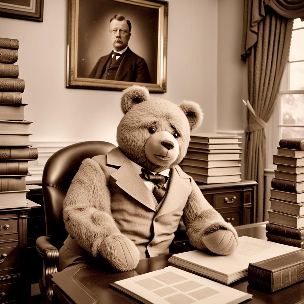 Theodore Roosevelt Jr. at Work with Teddy Bear