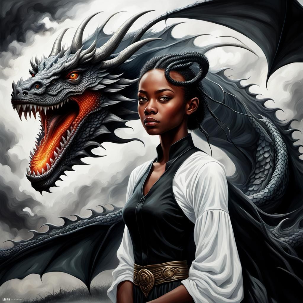 Hyperrealistic Painting: Woman and Dragon in Forest