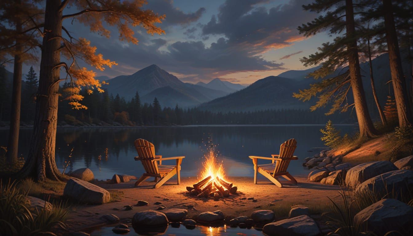 Idyllic Lakeside Campfire Scene in Warm Colors
