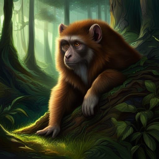 Fantastical Fox-Monkey Creature in Detailed Forest Setting
