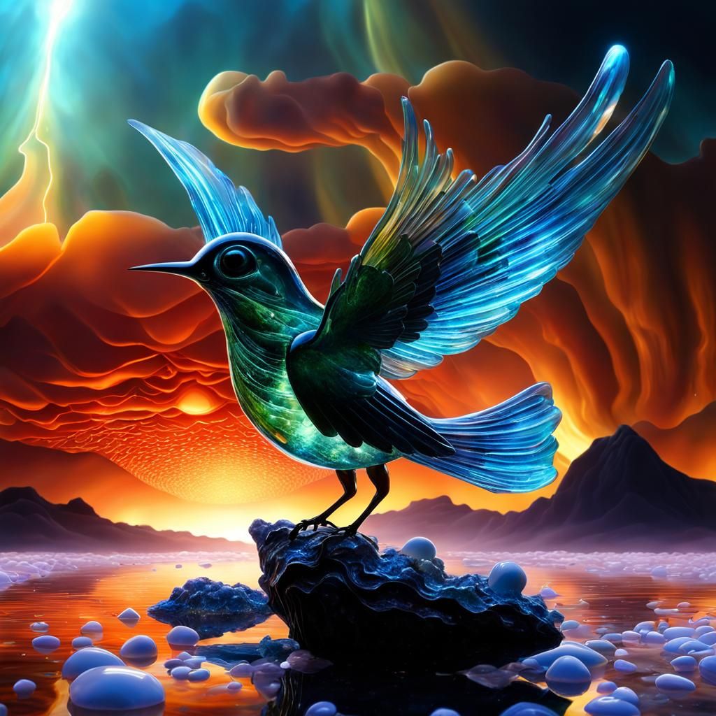 Glass Bird of Moldavite Sardonyx with Agate Cloudscape