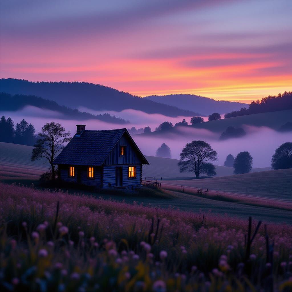 Ancient Cottage in Serene Countryside at Dusk