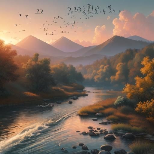 A flock of birds flying over a river at sunset.