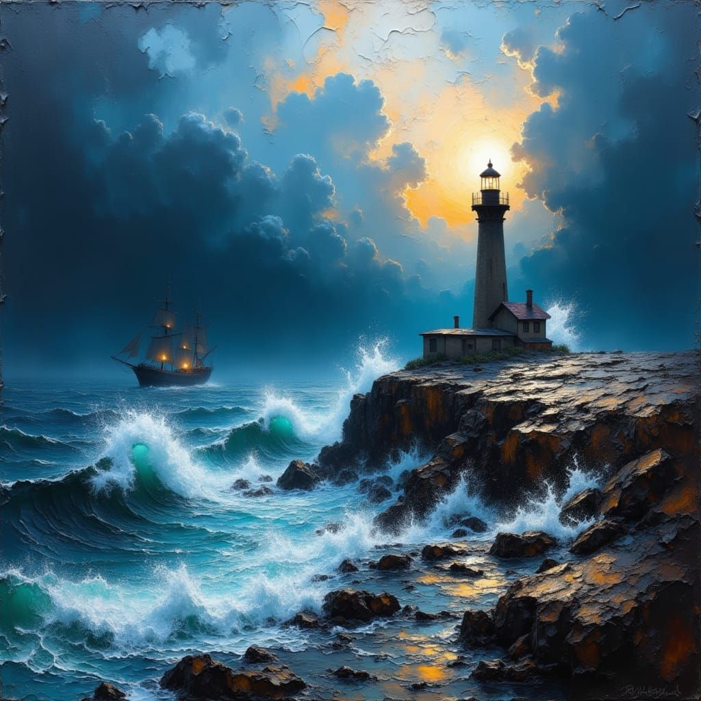 Lighthouse Beacon Shines in Impasto Oil Painting