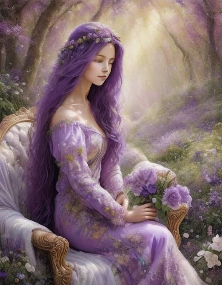 Beautiful Woman on Flower Throne in Spring Woods