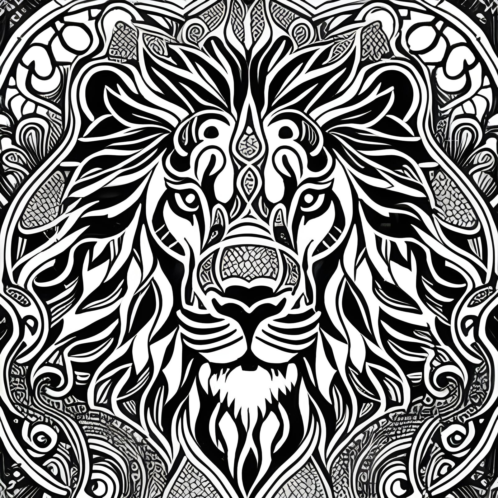 Intricate Lion Mandala Coloring Page in Black Ink