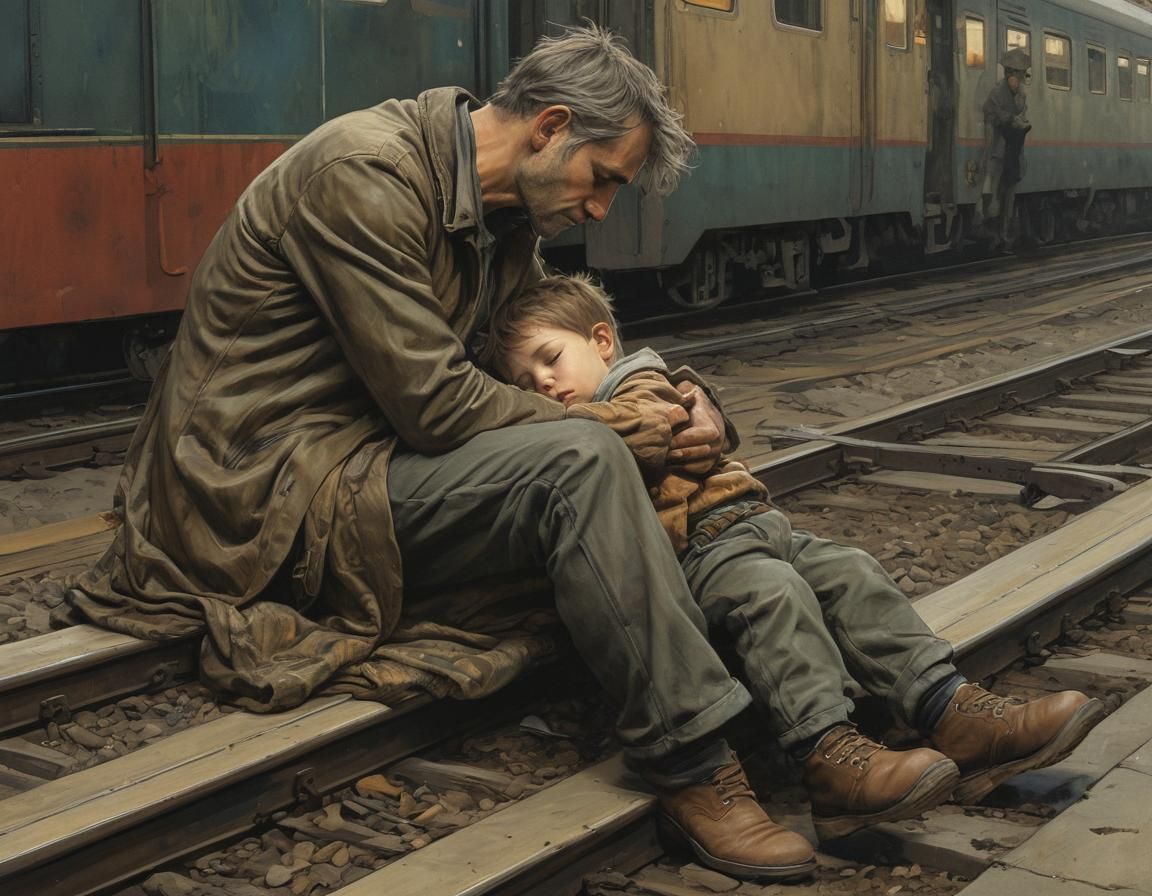 Boy Sleeps at Train Station in Hyperrealistic Splash Art