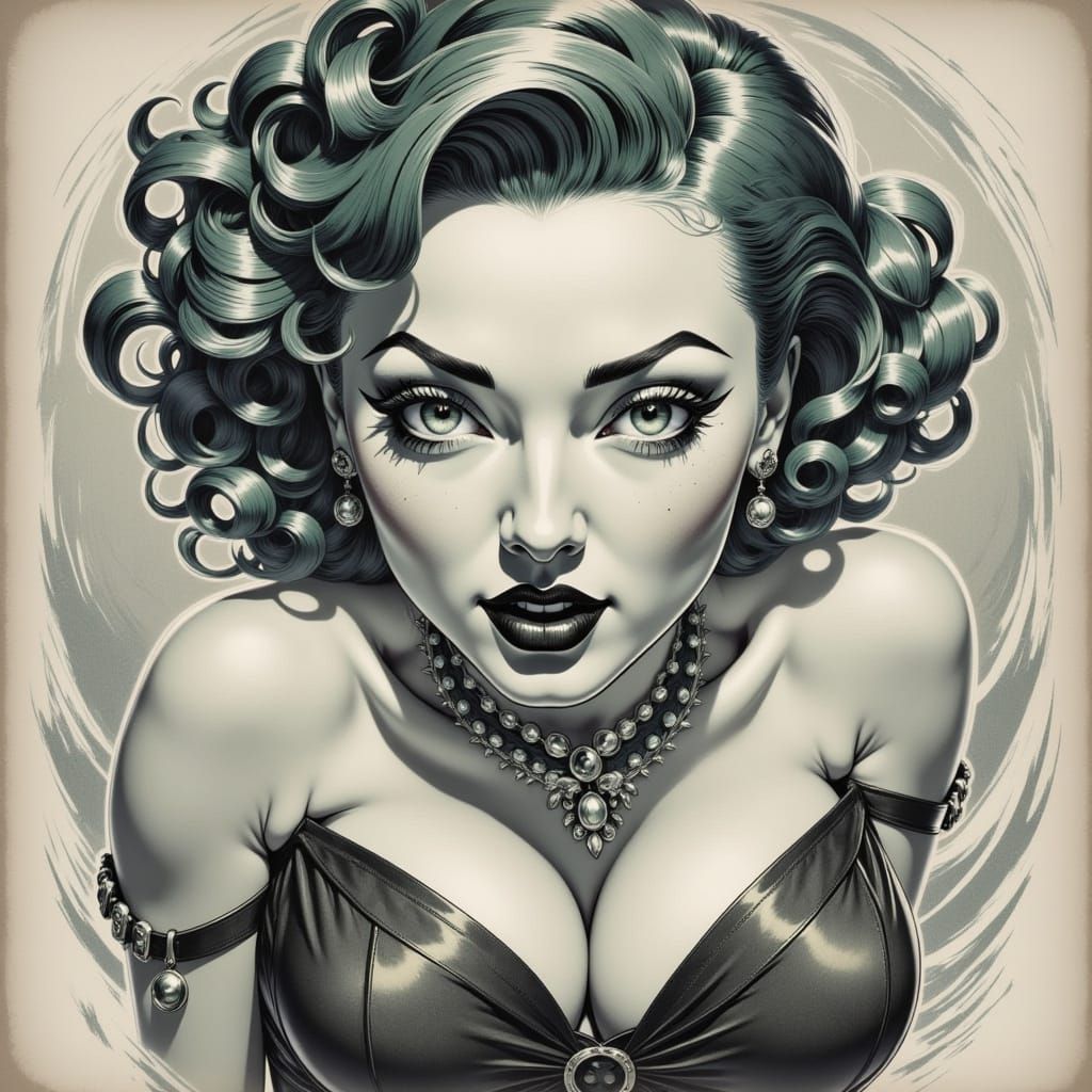 Charcoal-Inspired Pinup Portrait in Japanese Art Style