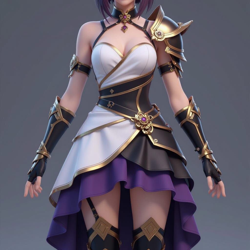 3D Anime Character in Asymmetrical Purple and Gold Dress