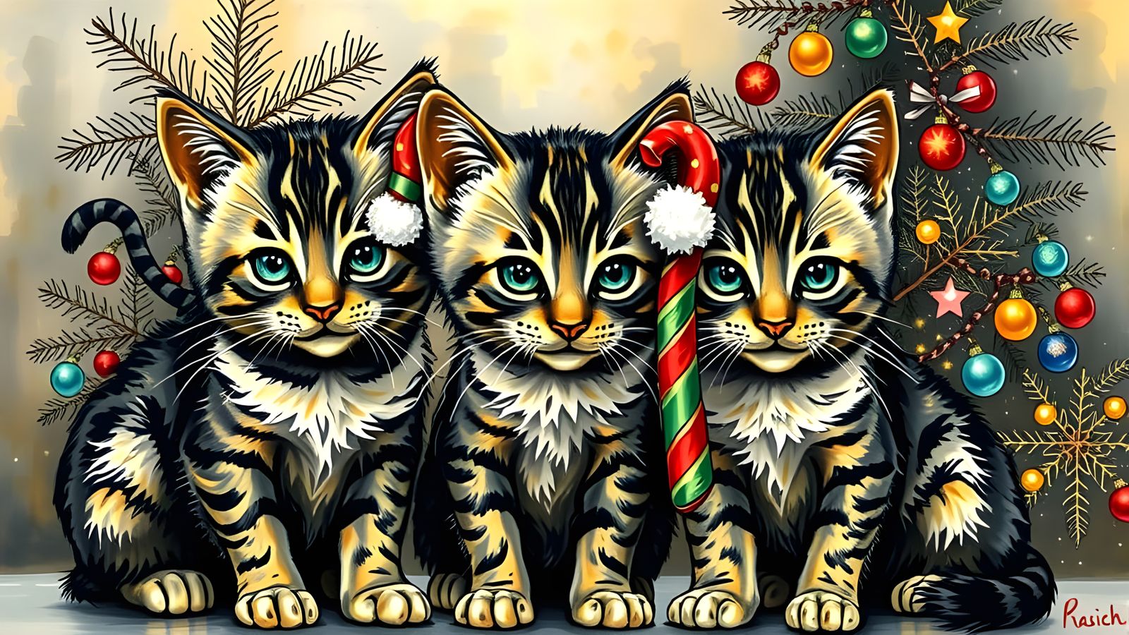 Three Happy Kittens in Festive Christmas Hats