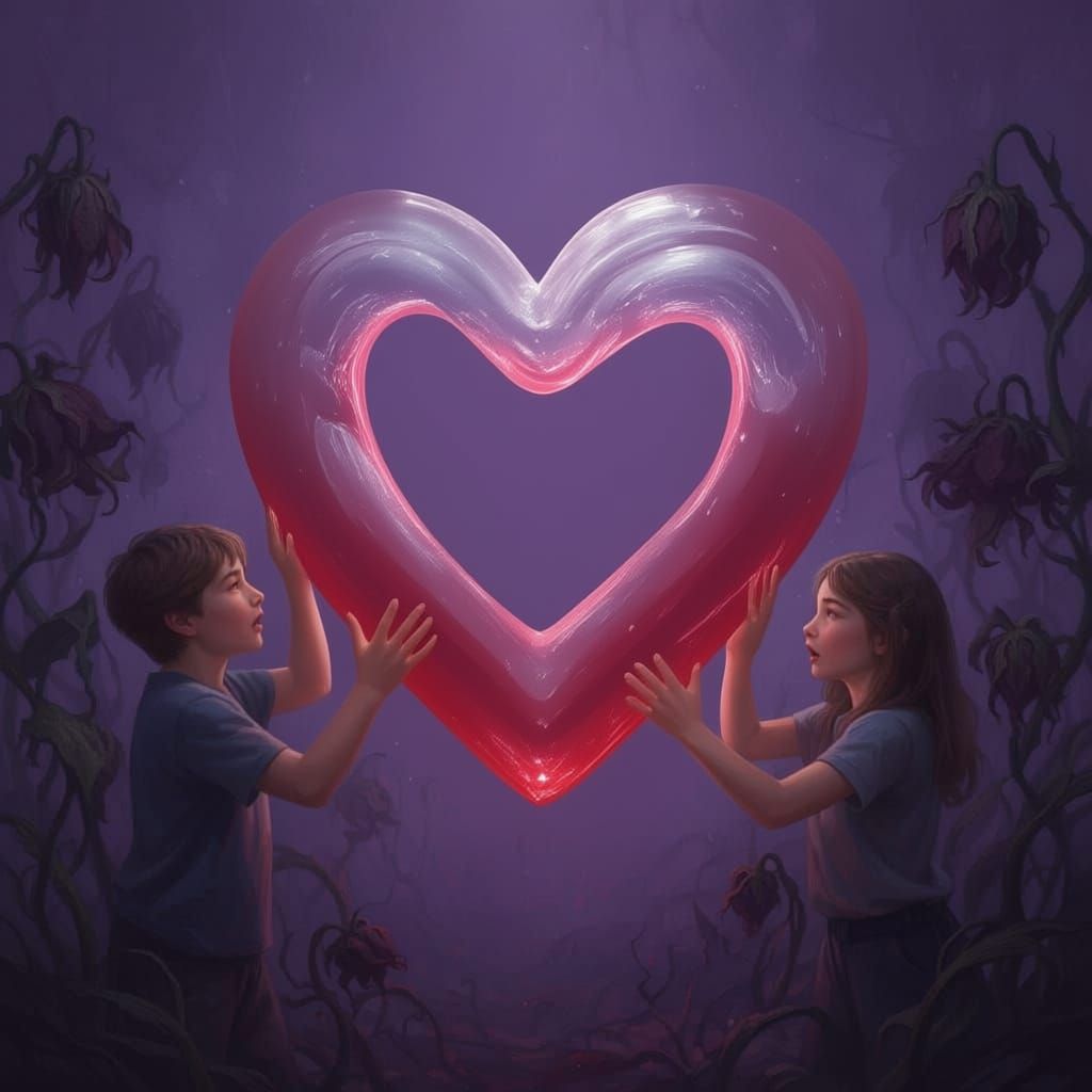 Broken Glass Heart with Blood, Pushed Together by Two Figure...