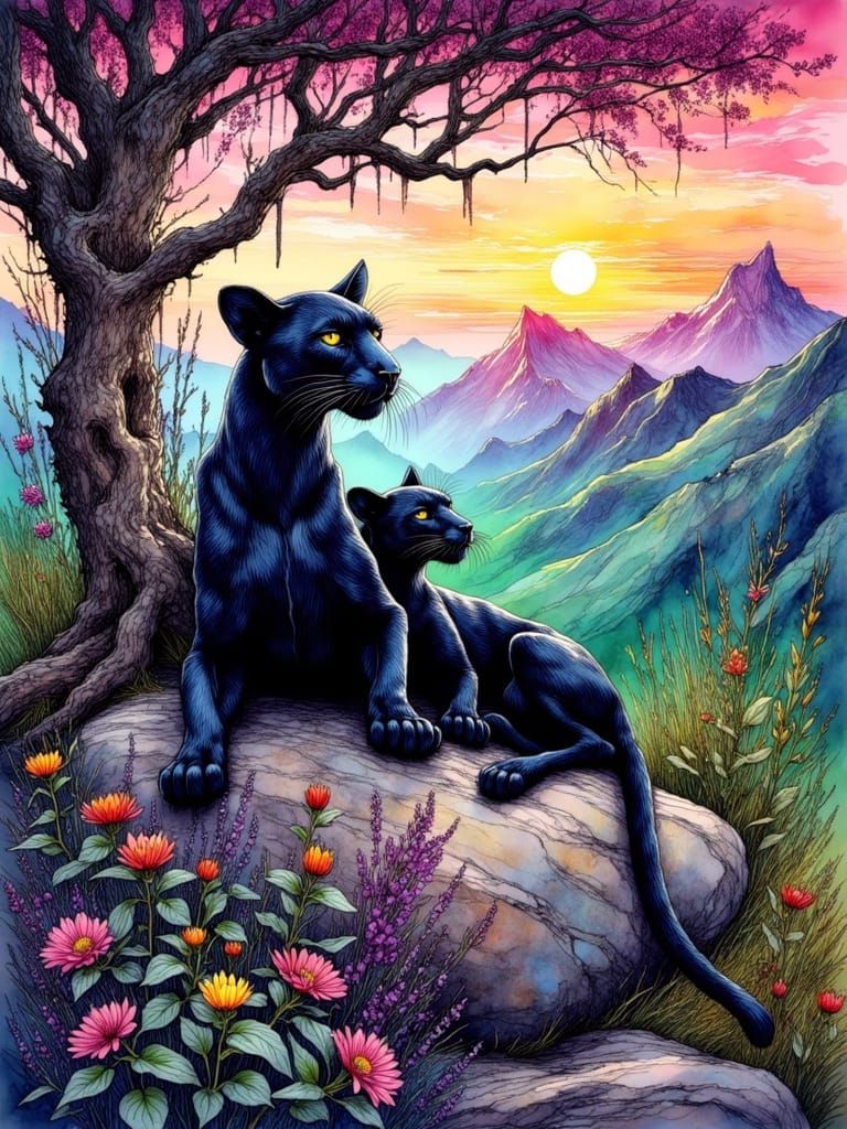 Two black panthers on a big rock, crippled trees behind