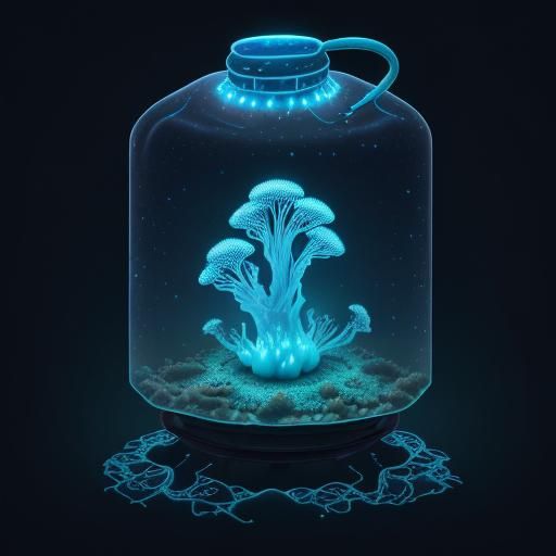 Bioluminescent Coral Mushrooms in Desert Landscape