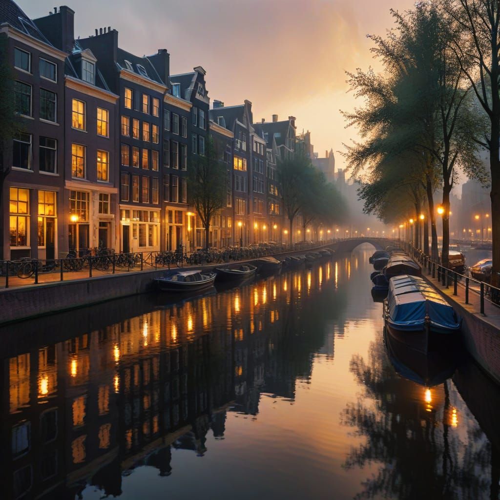 Evening Amsterdam Cityscape with Warm Golden Light