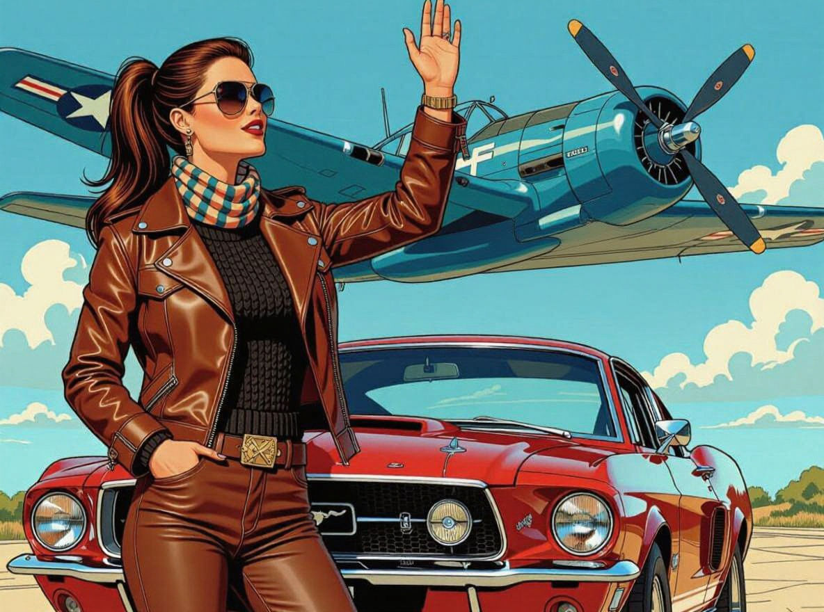 Brunette Pilot and Corsair in 1970s Comic Style