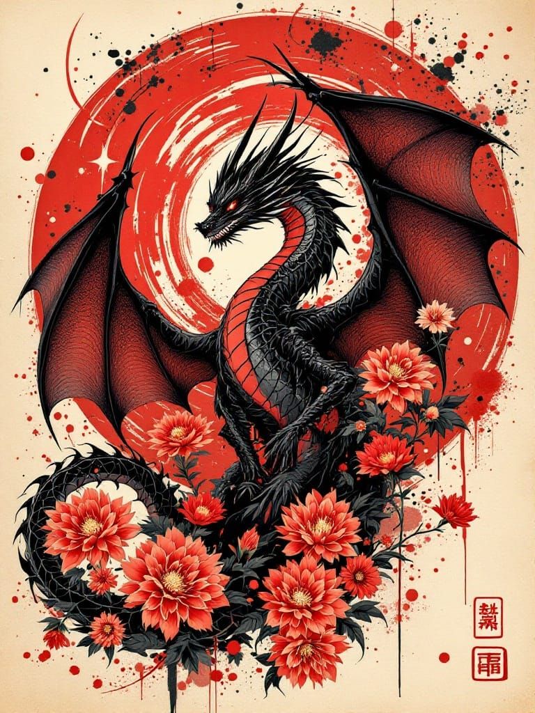 Dragon Unfolds Amidst Crimson Chrysanthemums in a Whimsical...