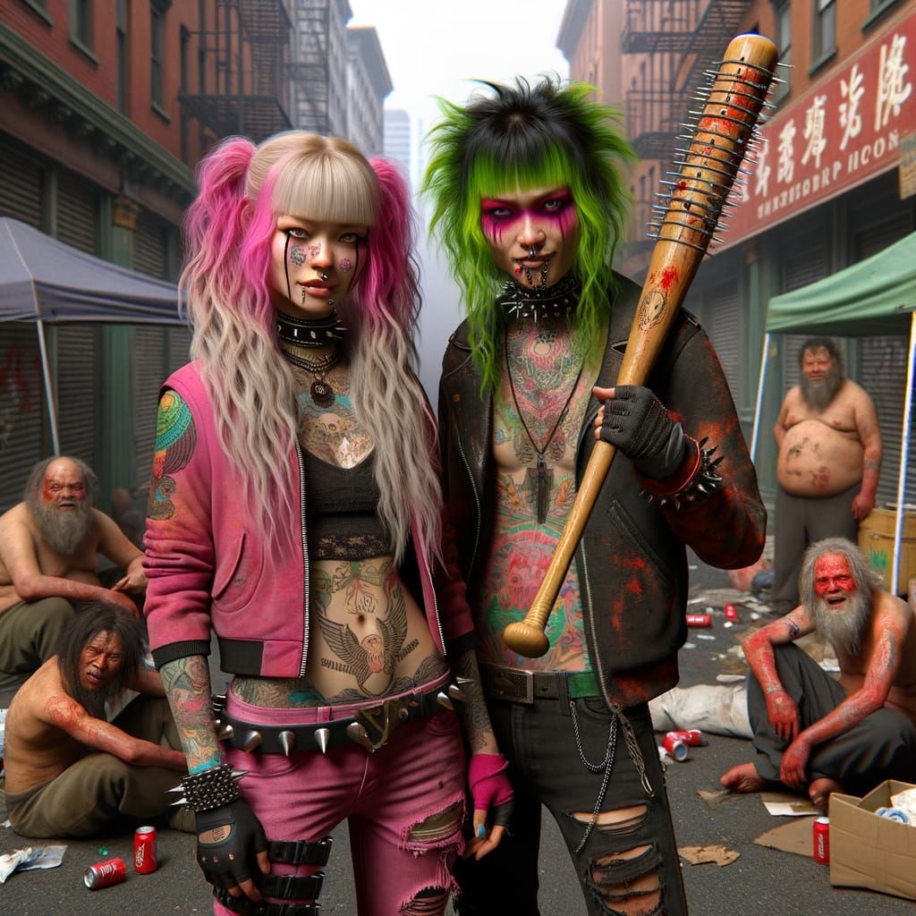 Proud Homeless Women in Chinatown, Photorealistic 4K