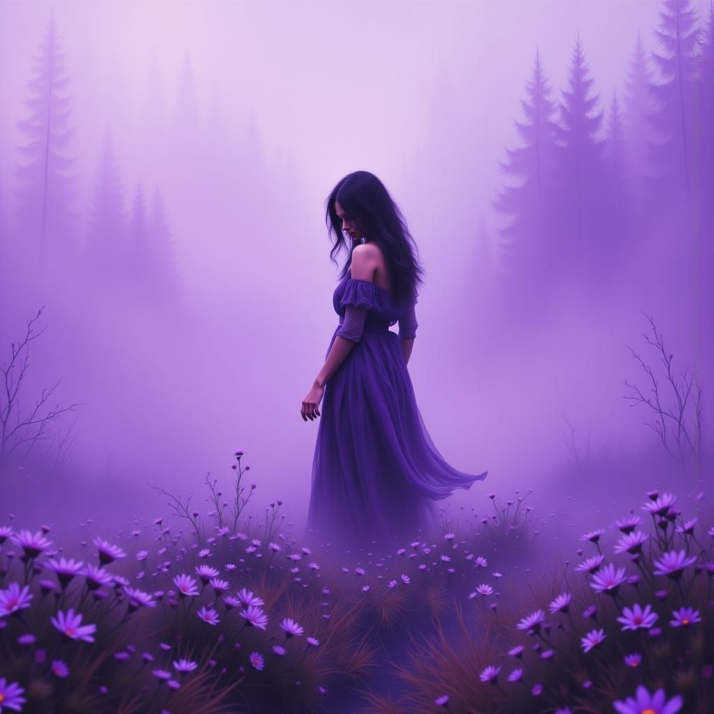 Ethereal Woman in Misty Purple Haze