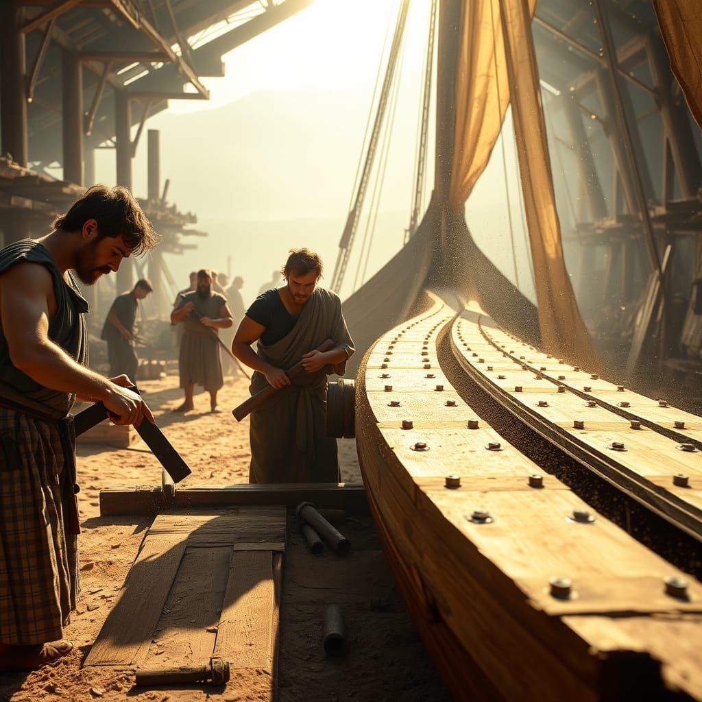 Roman Shipbuilders Crafting a Hull in Golden Hour Light