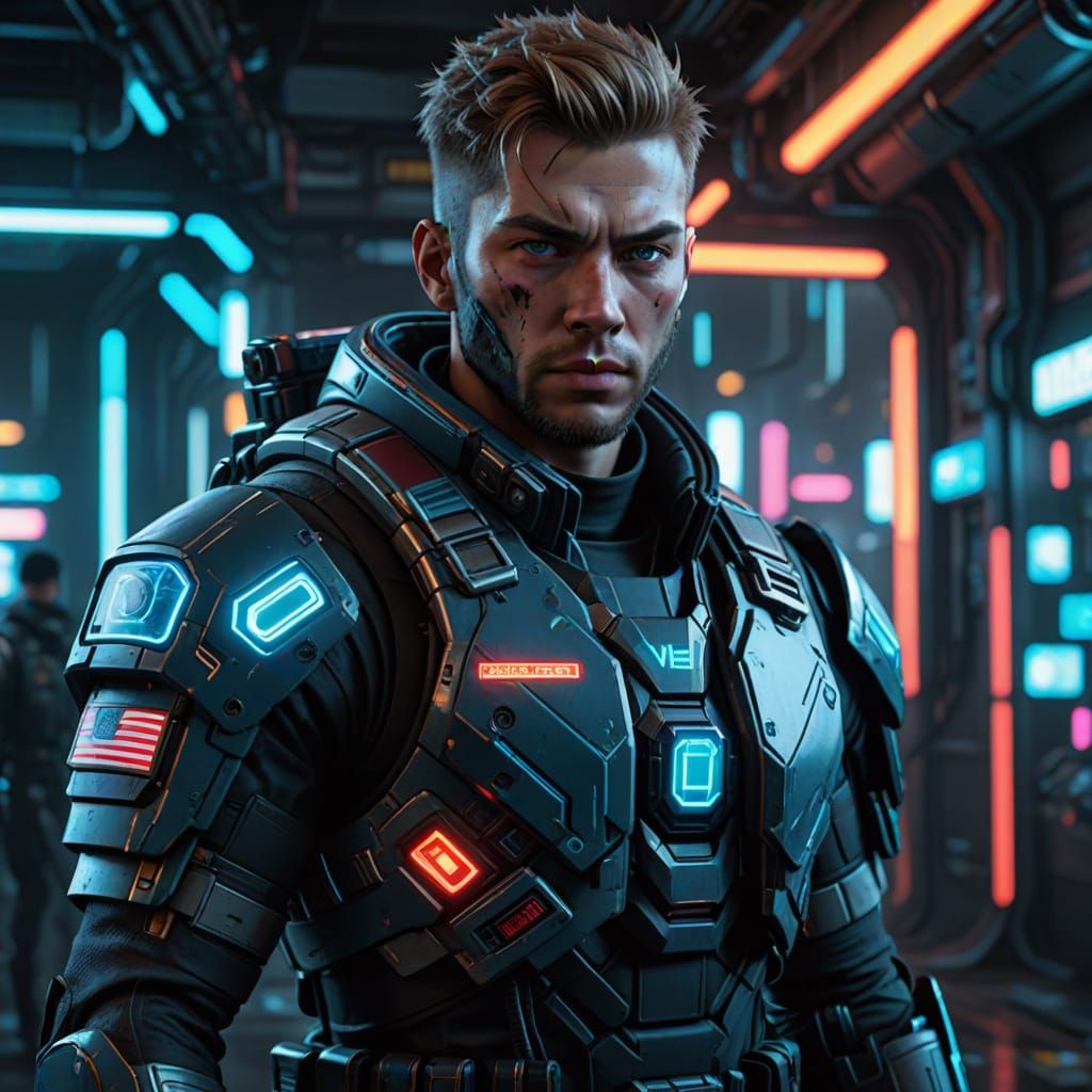Battle-Scarred Cyberpunk Warrior in Futuristic Military Unif...