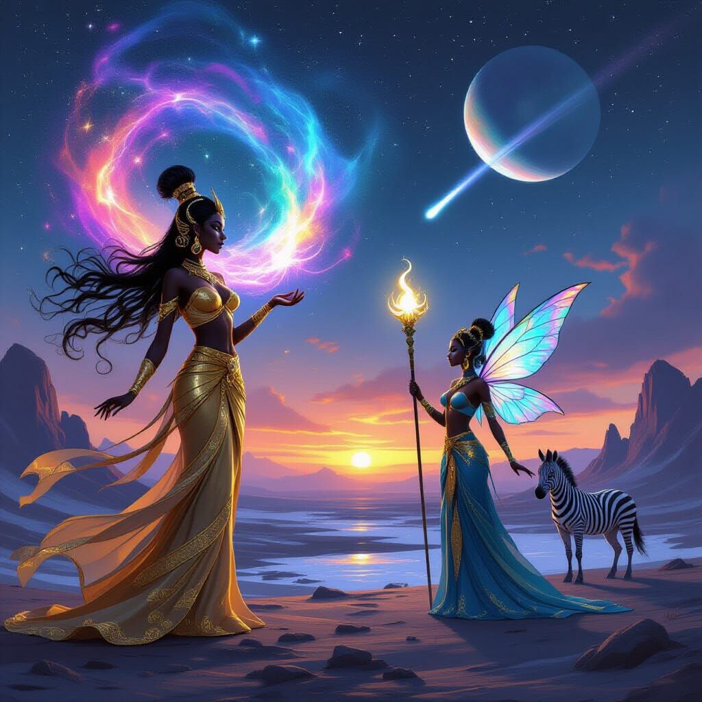 Female Djinn and Fairy Conjuring Nebula on Alien Planet