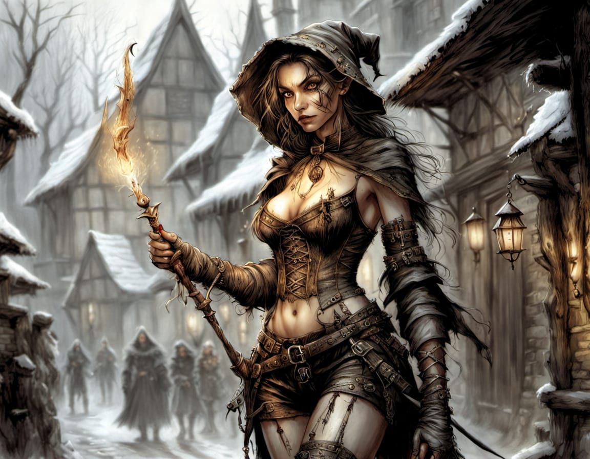 Hunter Elf in Medieval Street, Luis Royo Style