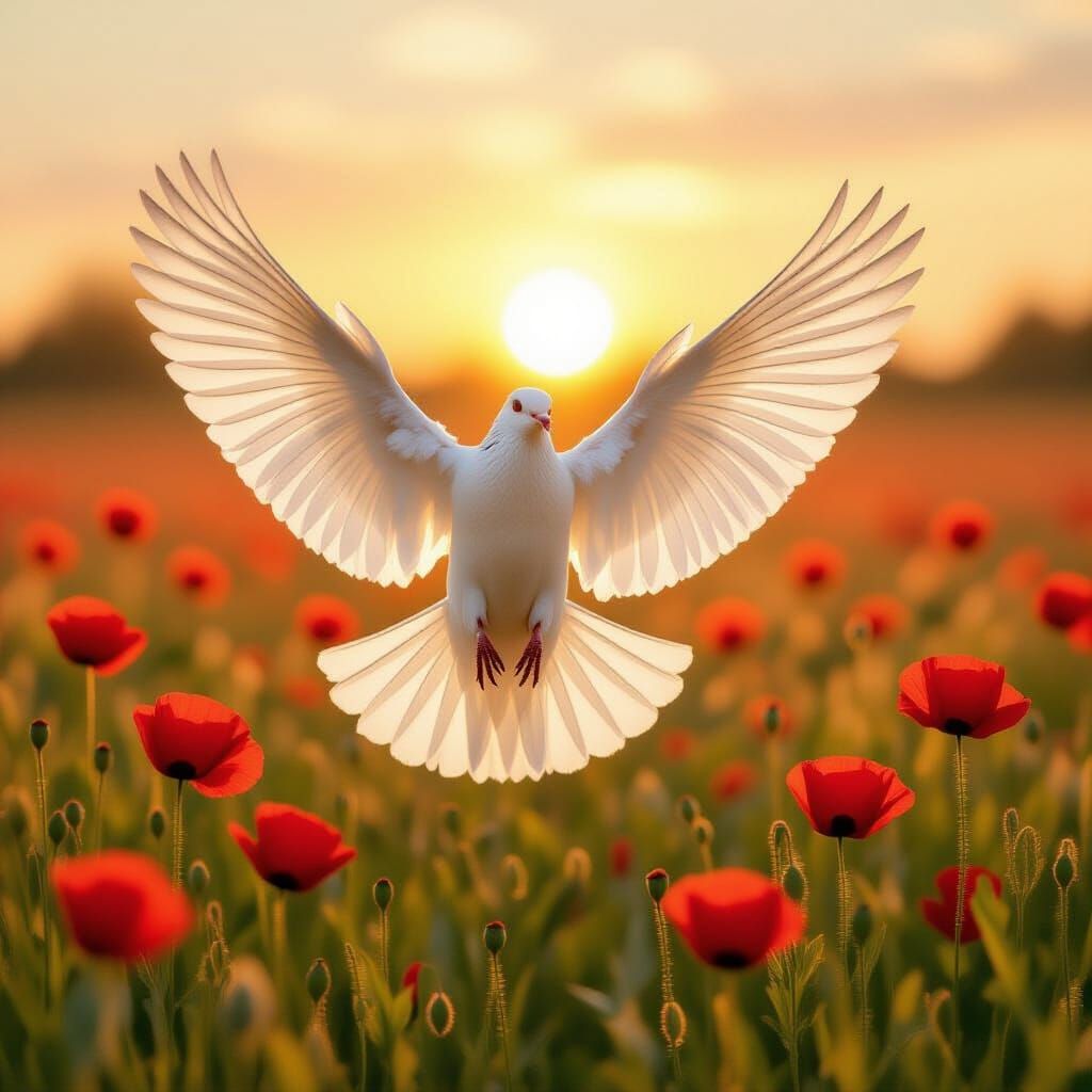 Majestic Dove Soaring Over Poppy Meadow in Golden Hour