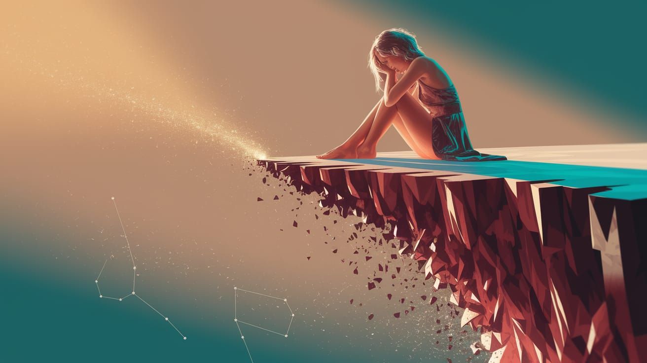Sorrowful Woman on Crumbling Cliff in Concept Art Style