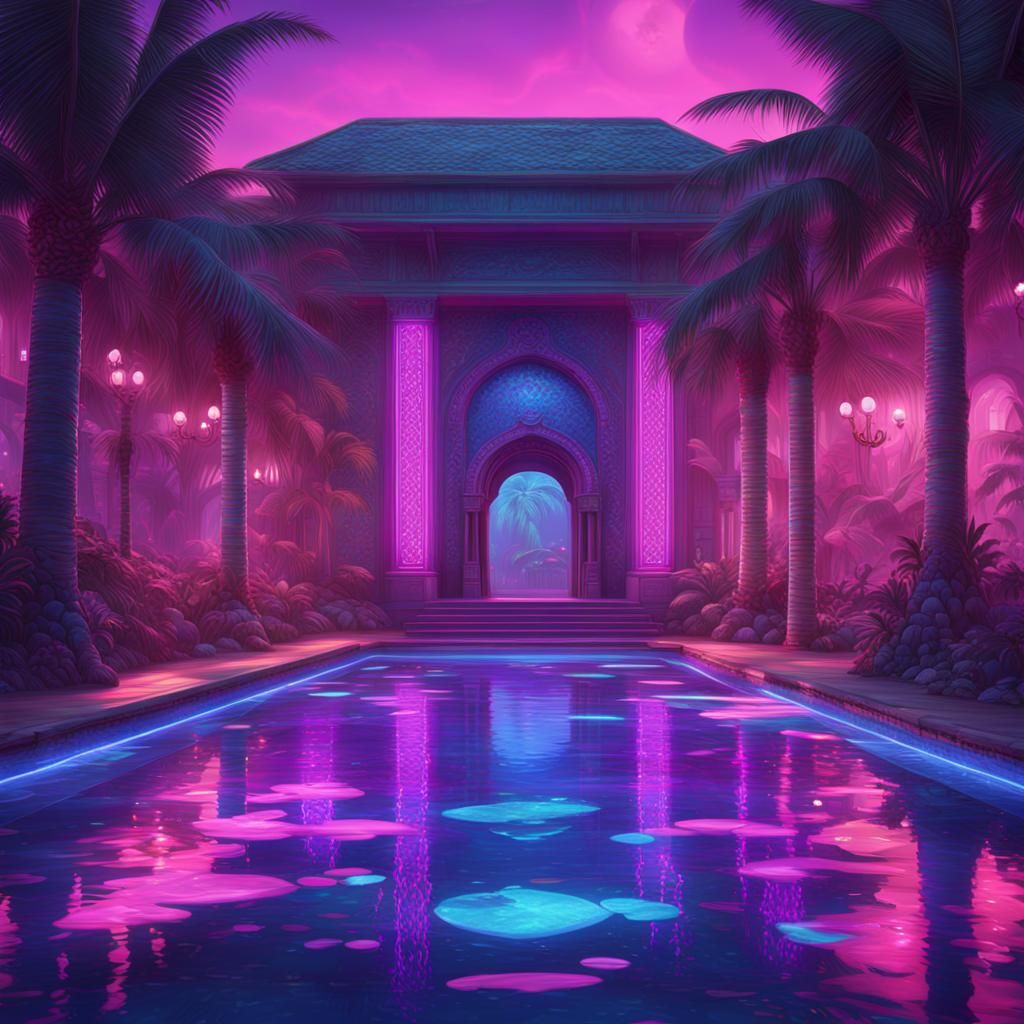 Liminal Pool Rooms with Neon Lights and Palm Trees