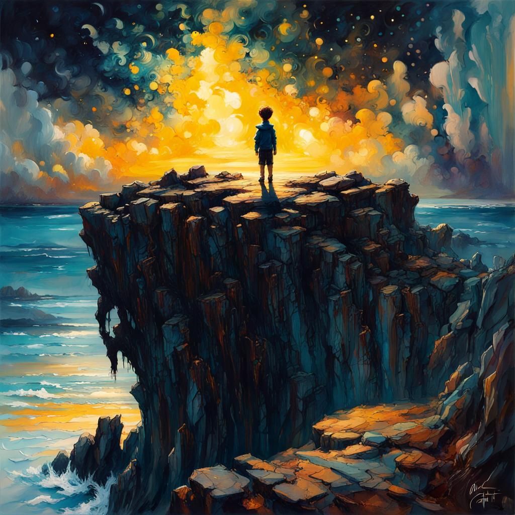 Boy Gazing at Starry Night Sky: Acrylic Painting