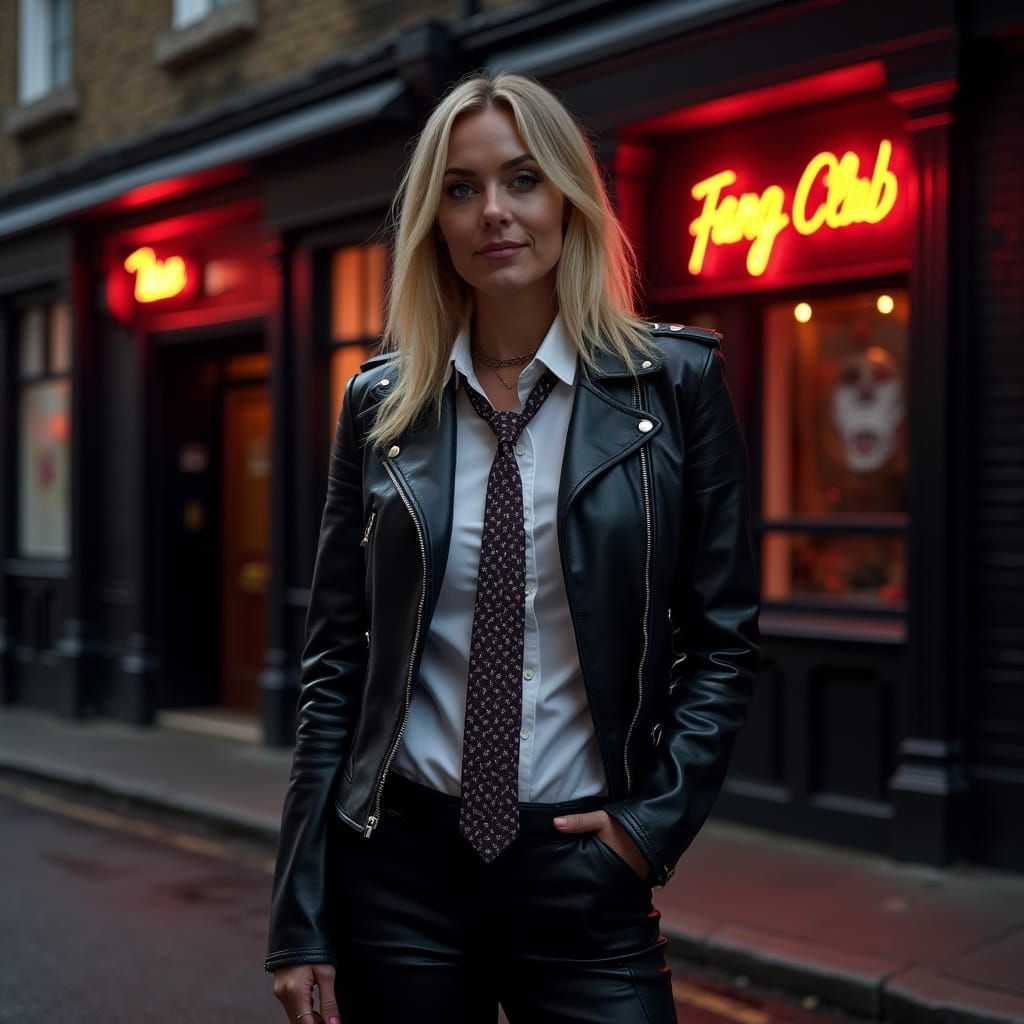 Muscular Blonde Woman in Leather Jacket Outside Neon Club