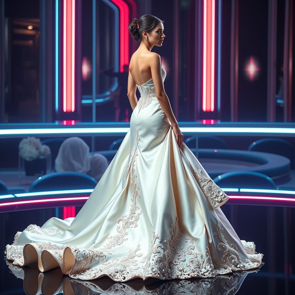 Futuristic Bride in Cream & White Satin Wedding Dress