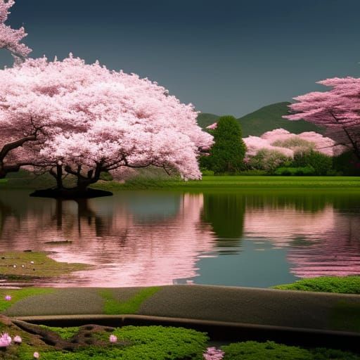 Cherry Blossoms in Oriental Garden: Digital Matte Painting