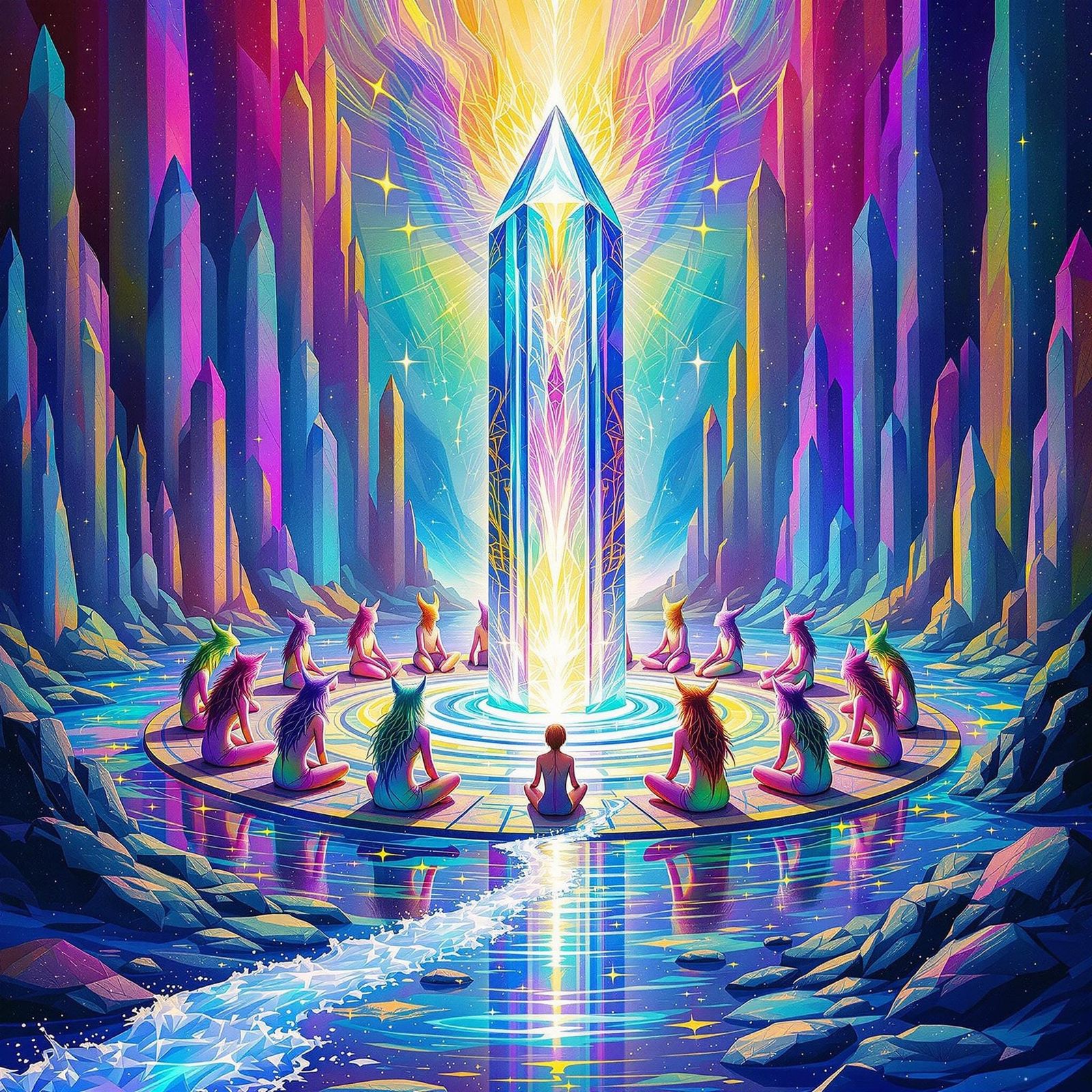 Spirits Gather Around a Radiant Crystal in a Vibrant, Dreaml...