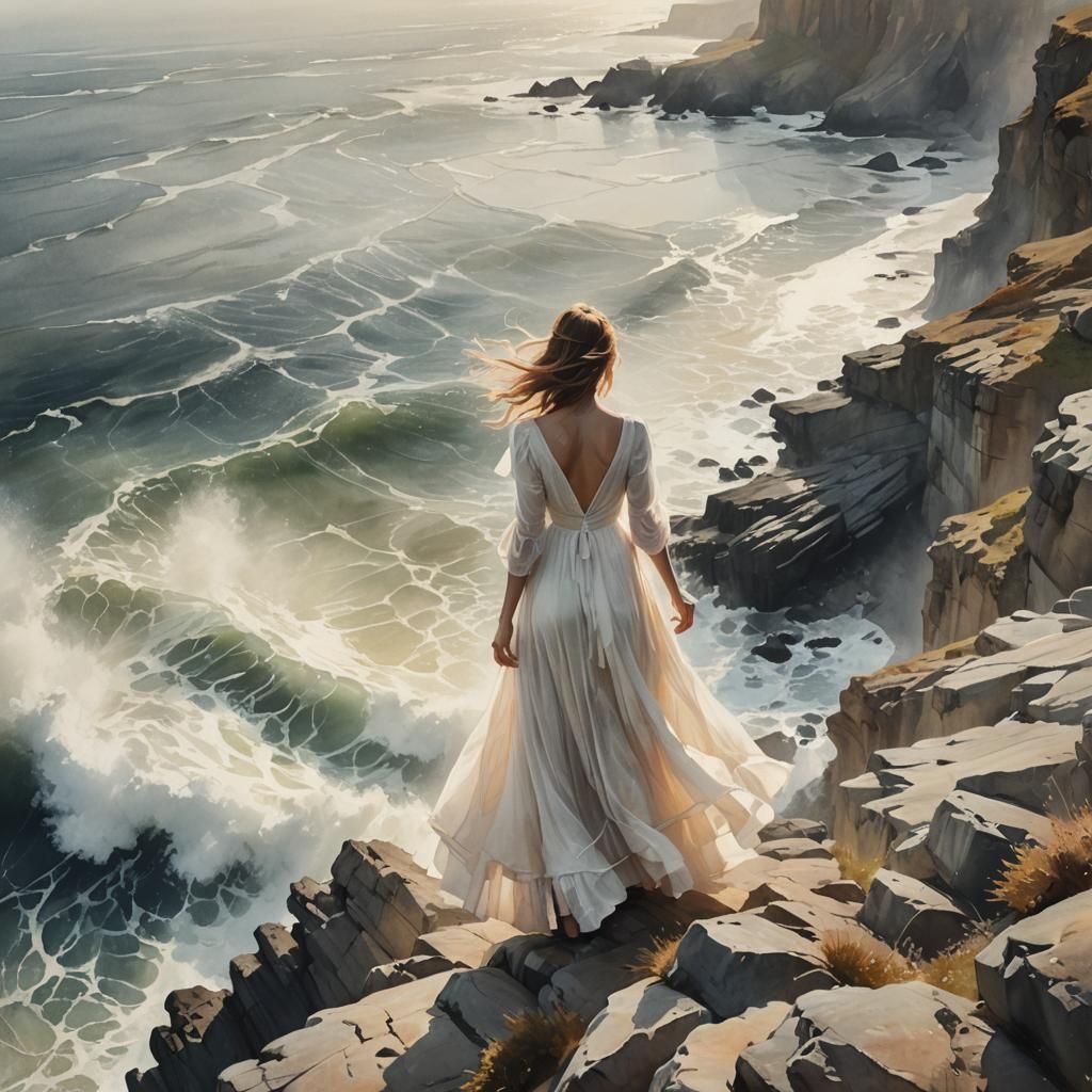 Dreamy Surrealism: Woman on a Sea Cliff in Pastel Colors