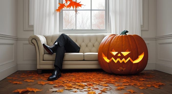Surreal Autumn Scene with Jack-o'-Lantern Reading in Empty R...
