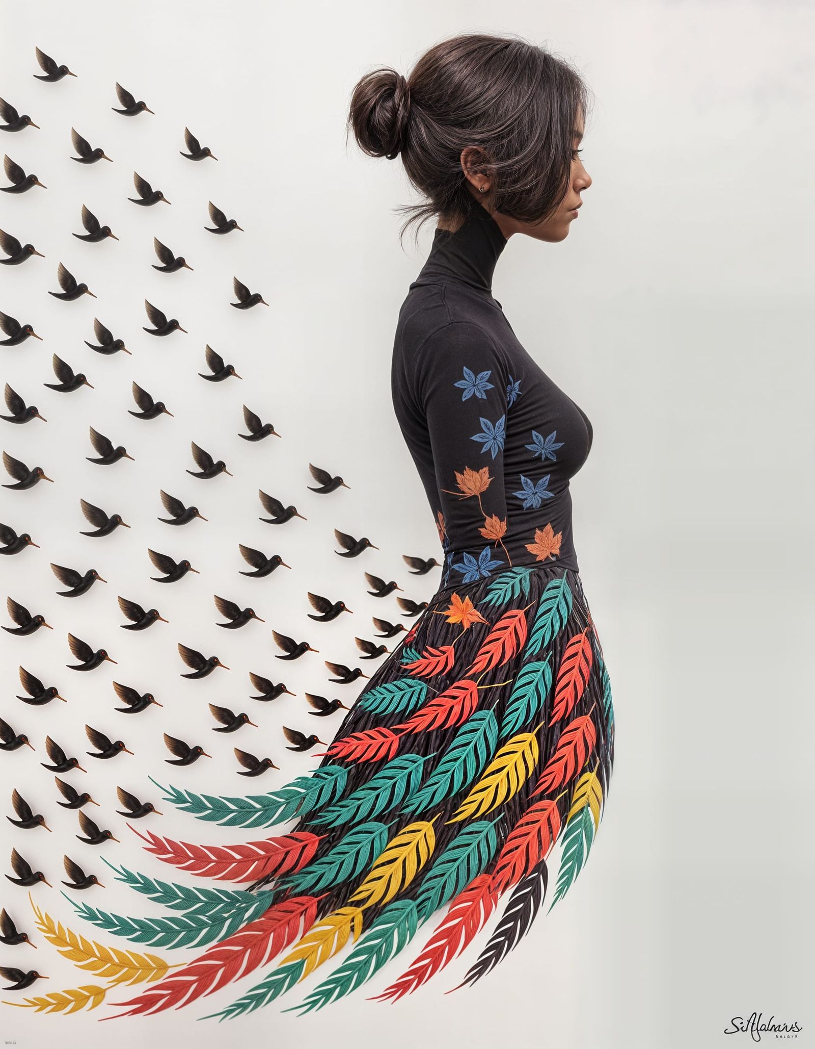 Woman Transformed Into Swarm of Birds in Minimalist Style