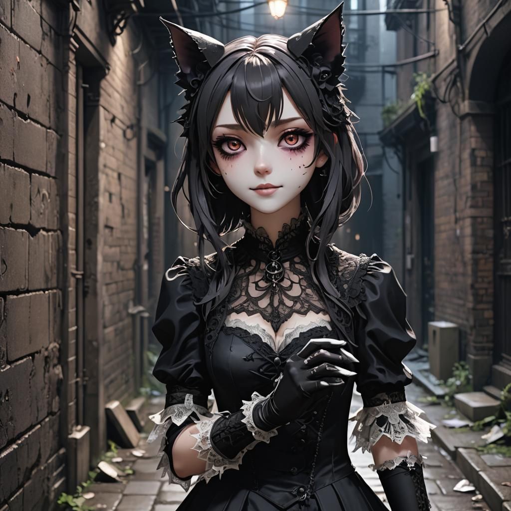 Gothic Catgirl in Abandoned Alleyway, 3D Anime Art