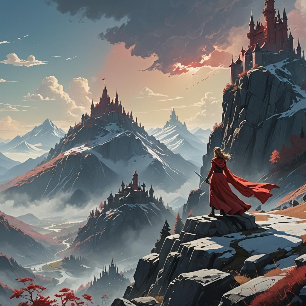 Princess on Mountain Peak with Sword, Fantasy Art
