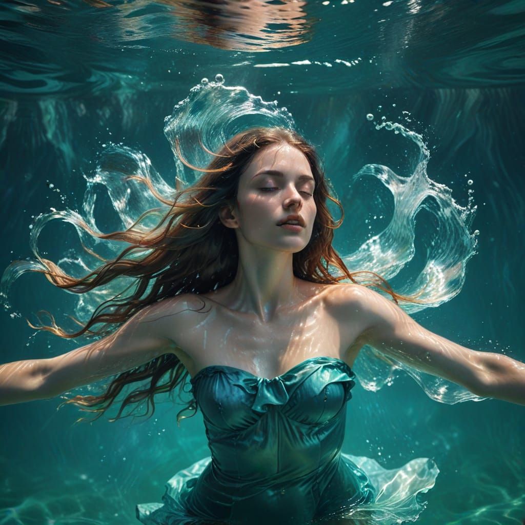 Ethereal Woman Submerging in Turquoise Water