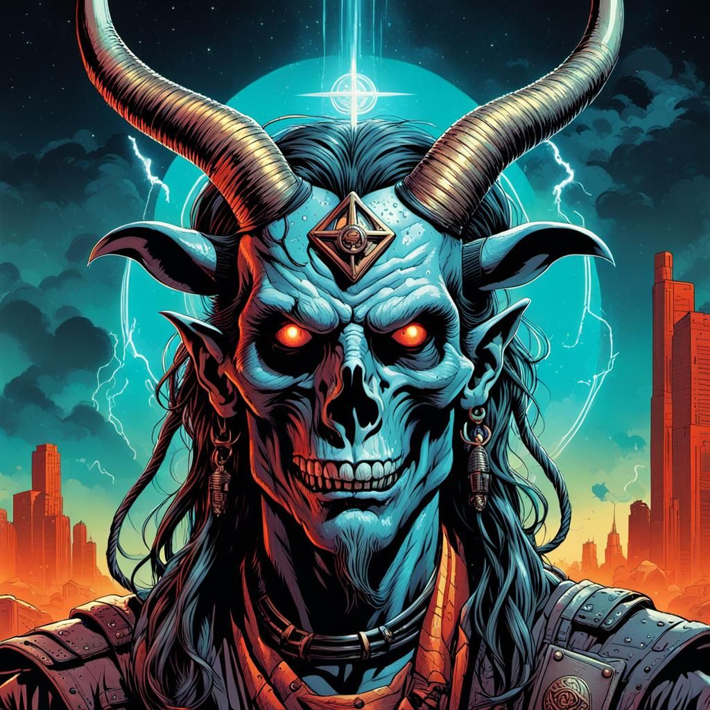 Cyberpunk Baphomet Deity in Apocalyptic Comic Art