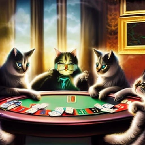Cats Playing Poker in Maximalist Digital Painting