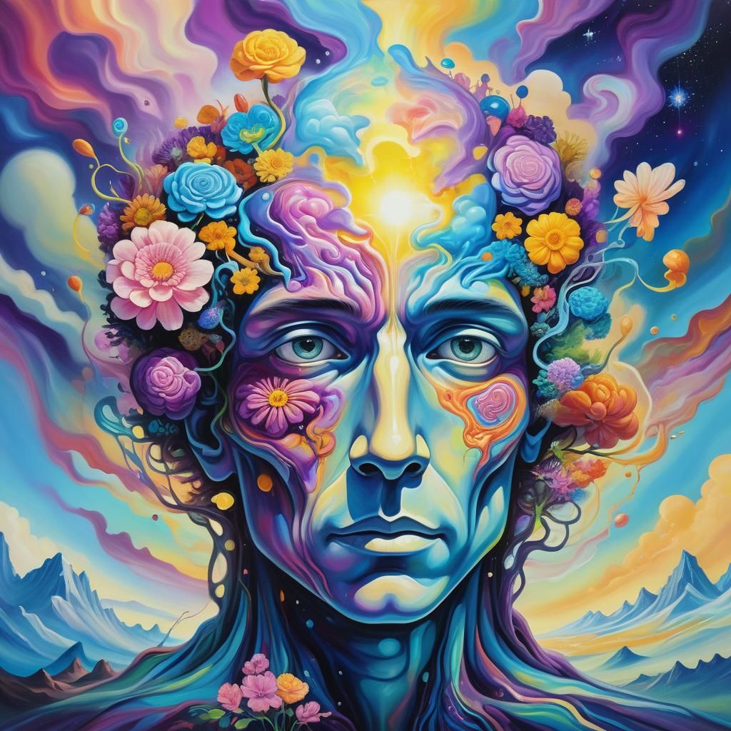 A distorted human head with inflating brain waves and psyche...