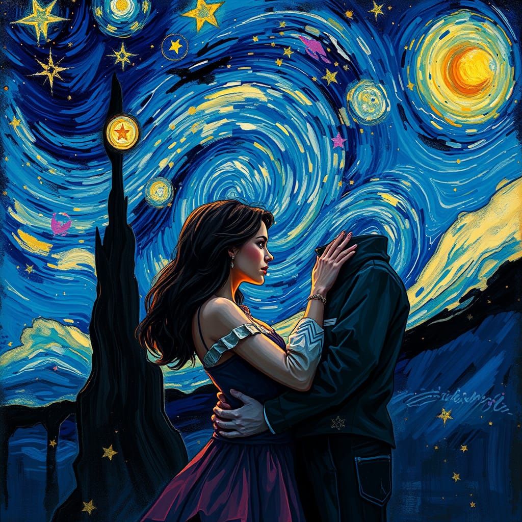 Romantic Couple Embracing Under Starry Night Sky
